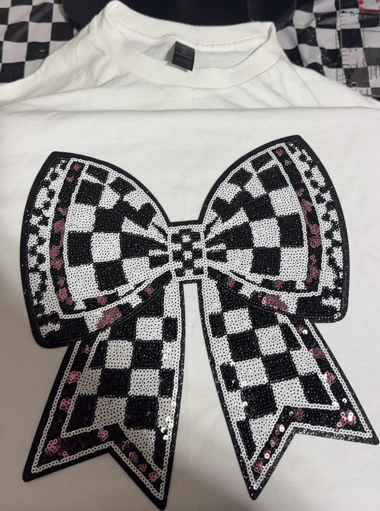 Pink & Black Sequin Checkered Bow Patch- TSHIRT