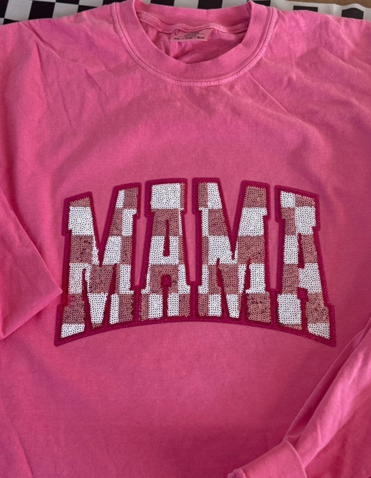 Mama Checkered Sequin Patch Longsleeve T